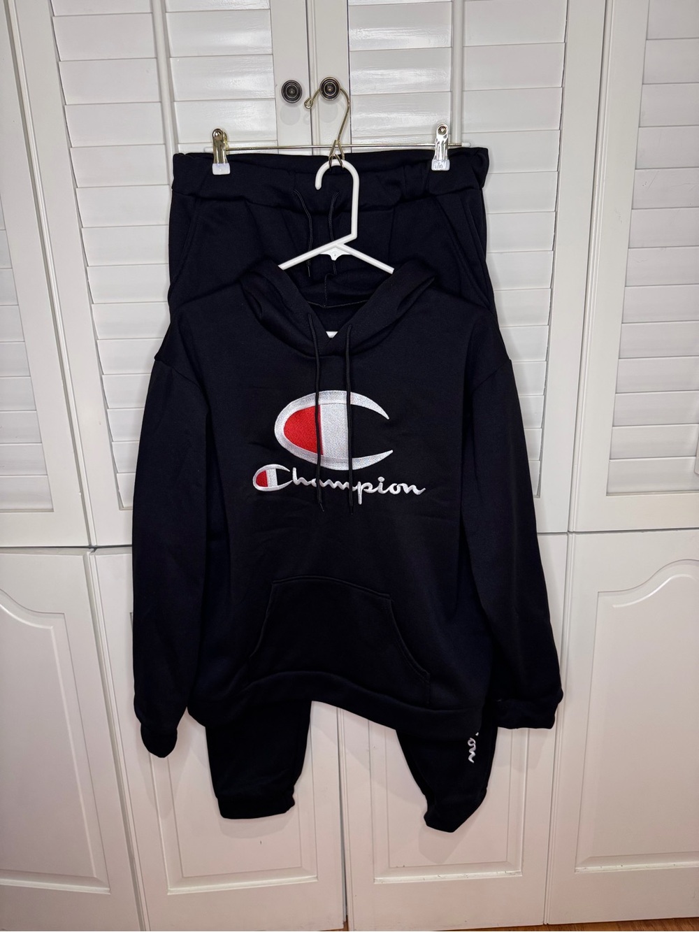 Champion Black Hoodie and Joggers Set with Red & White Logo